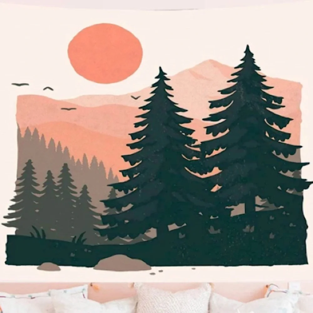 California Mountain Range Pink/Green Forest Retro Pop Art Home Decor Tapestry